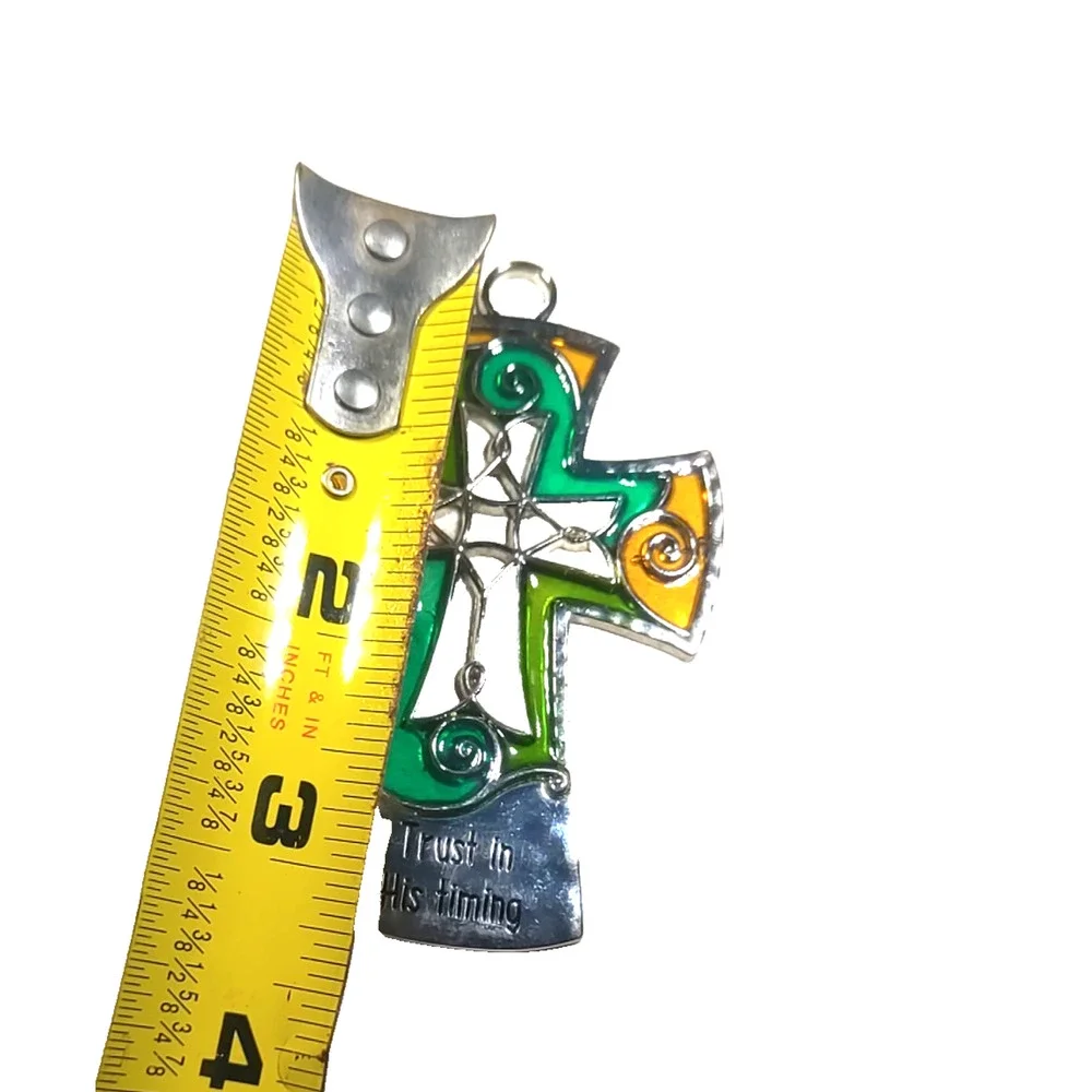Trust In His Timing Cross Pendant Faux Stain Glass